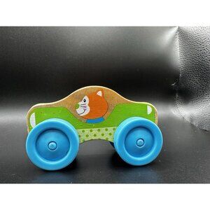 Melissa and Doug Stackable Car Wooden Toy orange‎ cat driver blue wheels 4”